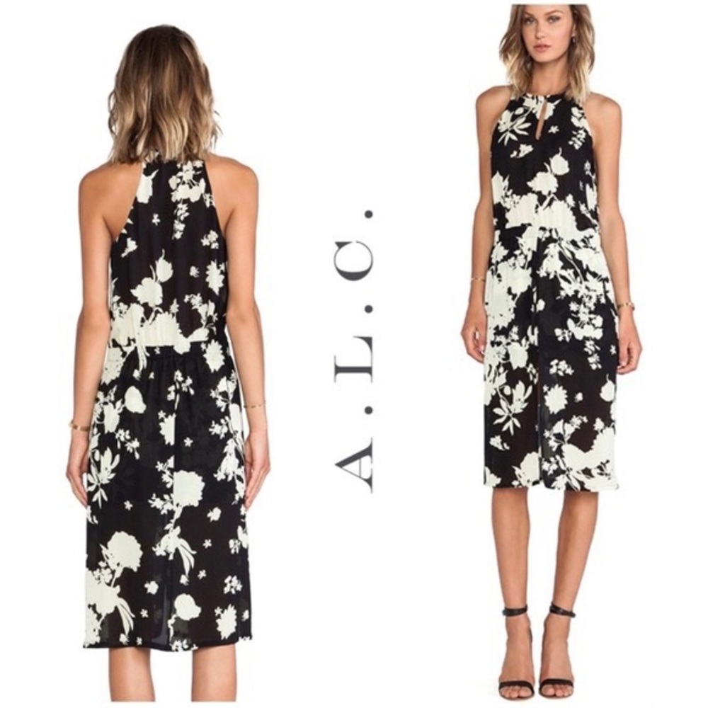 A.L.C. Black & Ivory Floral Halter Midi Dress